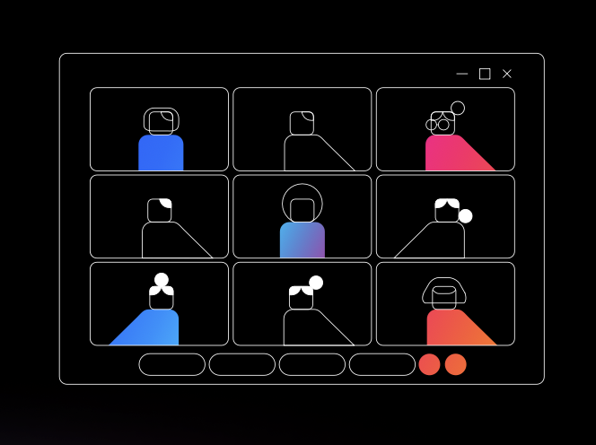 Cisco Network, Threat & AI Security UX/R team huddle — illustration of a nine-person video conference